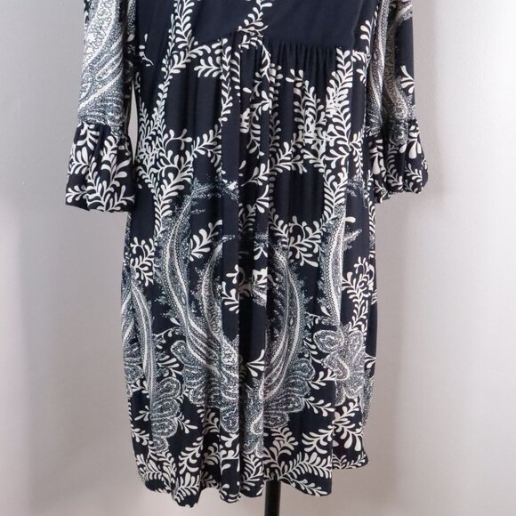 Ice Silk Women's 1X Navy Blue Paisley Polyester V-Neck Knee-Length Stretch Dress - Picture 5 of 10